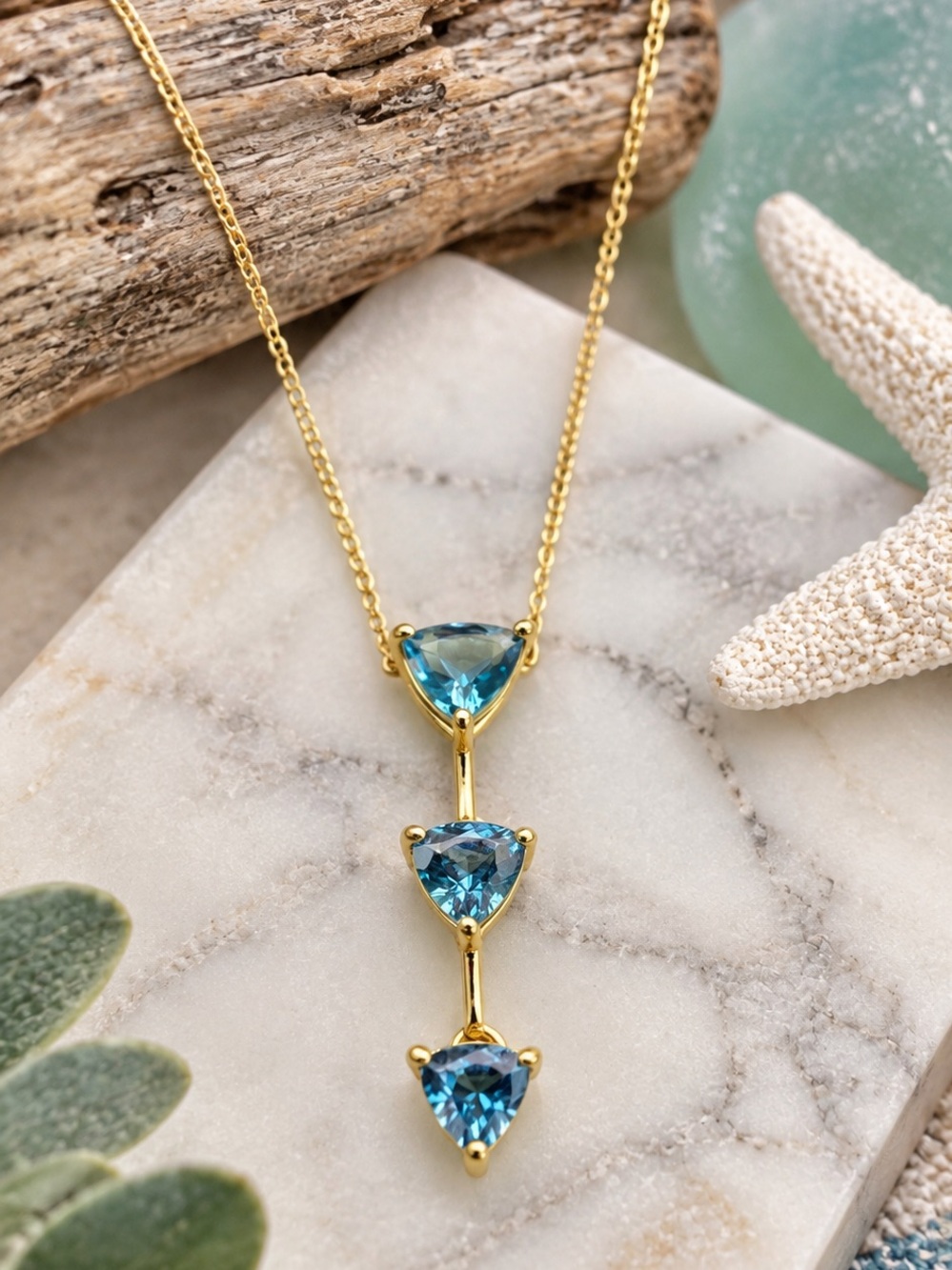14K YELLOW GOLD TRIPLE DROP PENDANT BLUE TOPAZ  TRILLANT CUT STONES NECKLACE